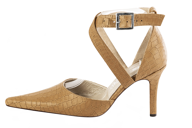 Camel beige women's open side shoes, with crossed straps. Pointed toe. High slim heel. Profile view - Florence KOOIJMAN